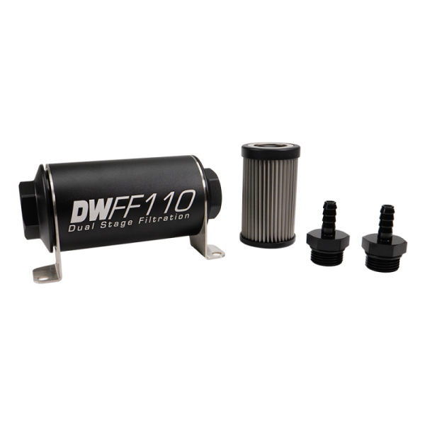 DeatschWerks - DeatschWerks 8-03-110-040K-516 DeatschWerks Stainless Steel 5/16in 40 Micron Universal Inline Fuel Filter Housing Kit (110mm)