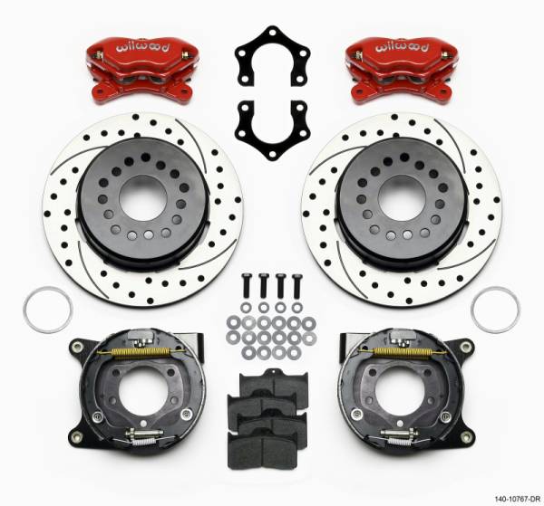 Wilwood - Wilwood 140-10767-DR Wilwood Forged Dynalite P/S Park Brake Kit Drilled Red Mopar/Dana 2.50in Off w/Snap Ring Bearing