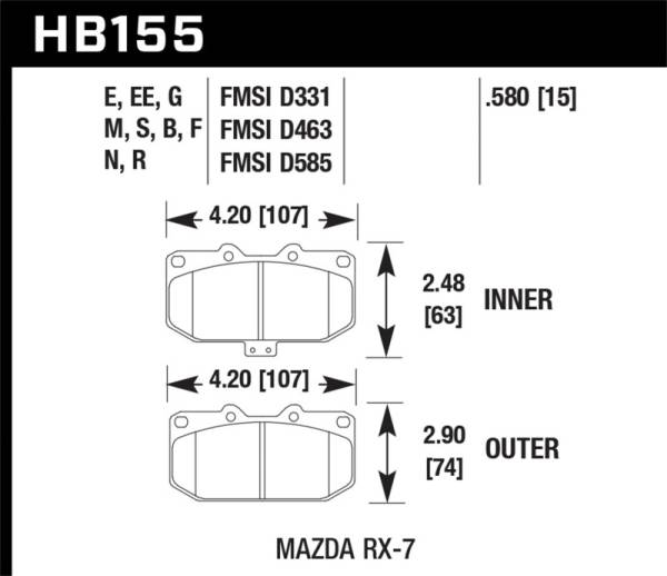 Hawk Performance - Hawk Performance kHB155D.580 Hawk 88-89 Mazda RX-7 1.3L 10th Anniversary 4 Piston Caliper Front ER-1 Brake Pads