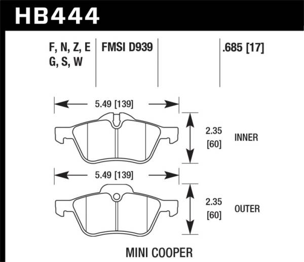 Hawk Performance - Hawk Performance kHB444B.685 Hawk 06-08 Mini Cooper Base/ S 1.6L HPS 5.0 Front Brake Pads