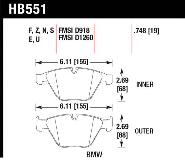 Hawk Performance - Hawk Performance kHB551Z.748 Hawk 07-09 BMW 335d/335i/335xi / 08-09 328i/M3 Performance Ceramic Street Front Brake Pads